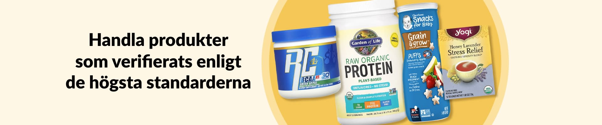 Handla produkter som verifierats enligt de högsta standarderna, med BCAA, ekologiskt protein, babysnacks, te med mera.
