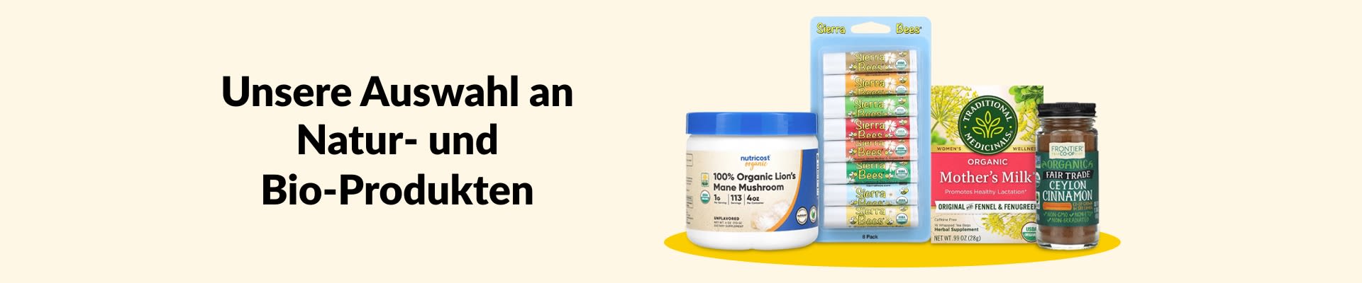 Entdecke gesunde, natürliche und Bio-Produkte wie Hericium, Lippenbalsam, Kräutertee, Zimt und vieles mehr.