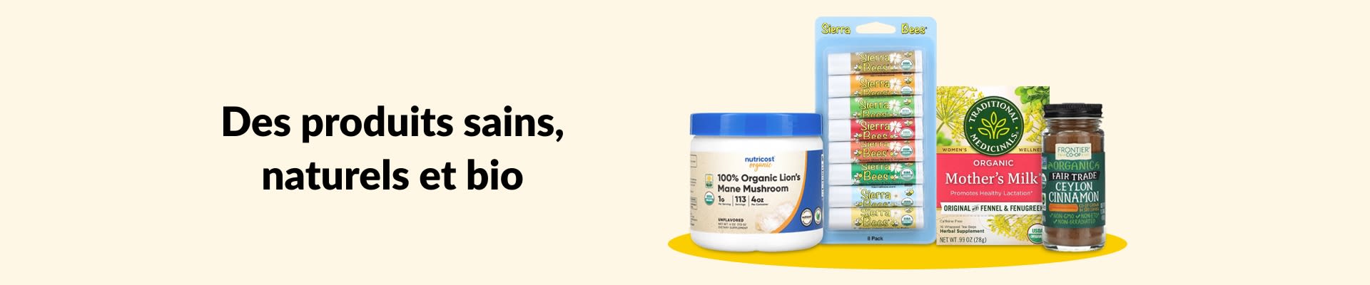 Produits sains, naturels et biologiques : champignon crinière de lion, baume à lèvres, tisane, cannelle et plus encore.