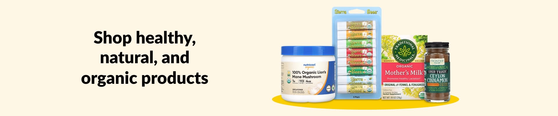 Shop healthy, natural, and organic products, featuring lion’s mane mushroom, lip balm, herbal tea, cinnamon, and more.