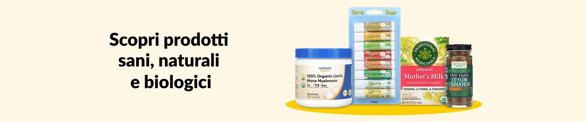 Scopri prodotti sani, naturali e biologici, con fungo lion's mane, balsamo labbra, tisana, cannella e altro ancora.