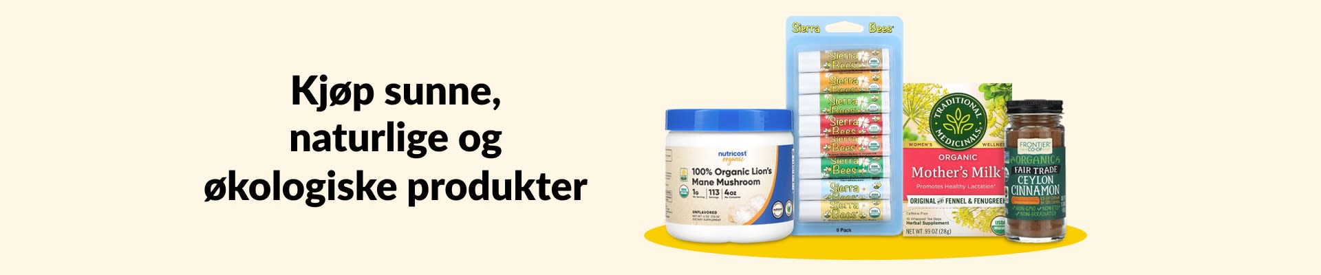 Kjøp sunne, naturlige og økologiske produkter, med blant annet pinnsvinsopp (Lion's Mane), leppebalm, urtete, kanel og mer.