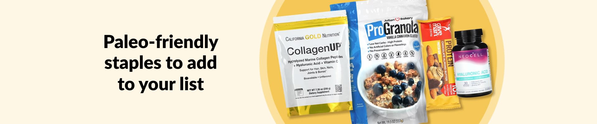 Paleo-friendly staples to add to your list, featuring collagen peptides, granola, protein snacks, supplements, and more.