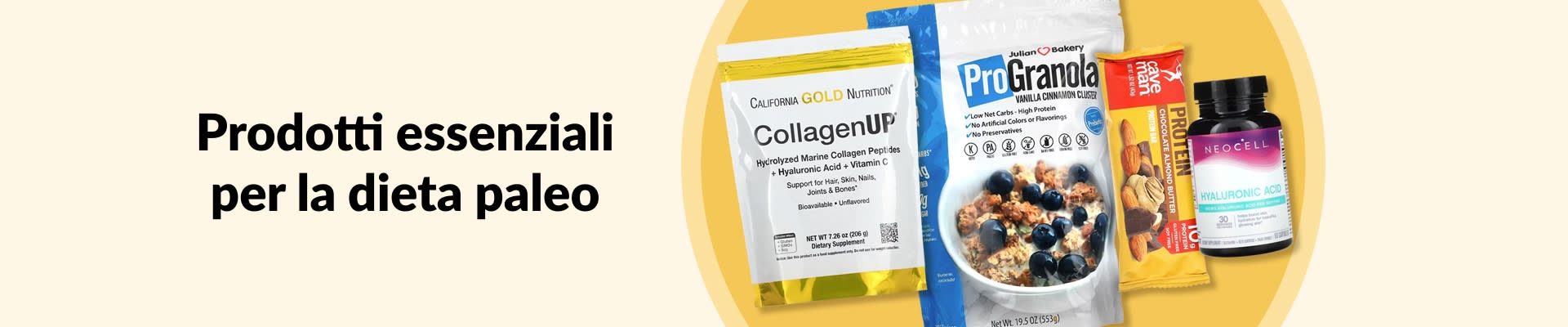 Prodotti essenziali per la dieta paleo da aggiungere alla tua lista, con peptidi di collagene, granola, snack proteici, integratori e altro ancora.
