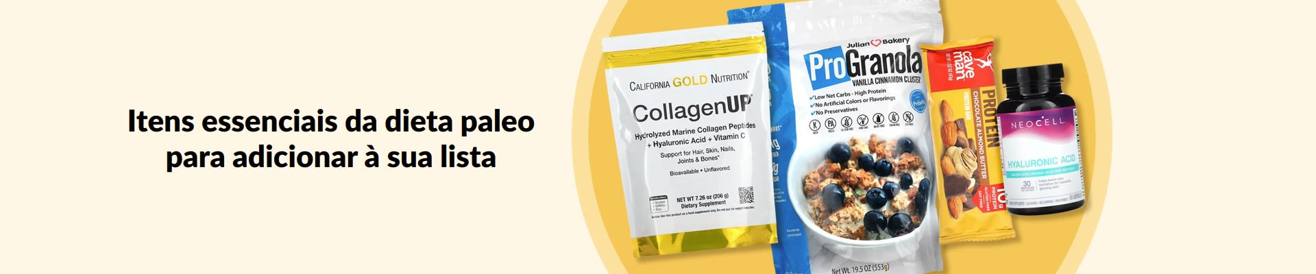 Produtos essenciais para a dieta paleo, incluindo peptídeos de colágeno, granola, snacks proteicos, suplementos e mais.