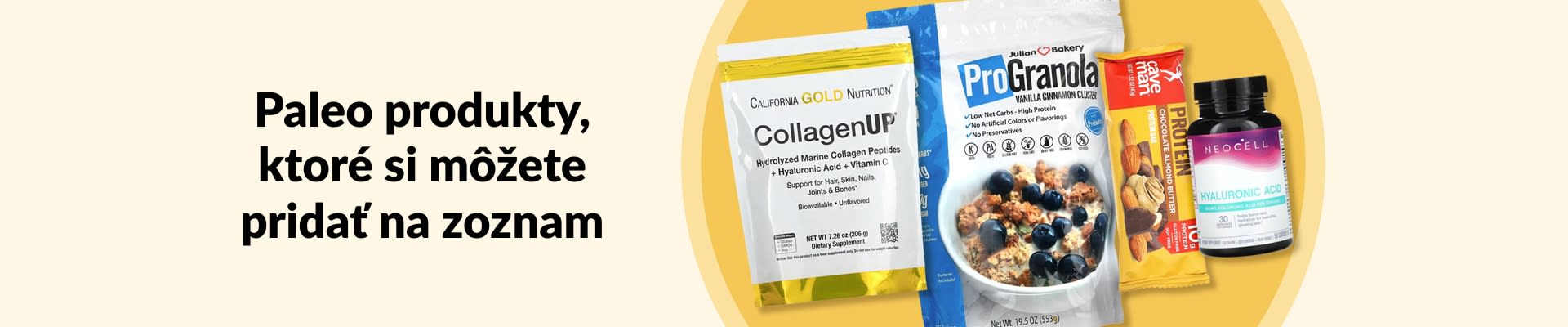 Obľúbené paleo produkty, ktoré si môžete kúpiť, vrátane kolagénových peptidov, granoly, proteínových snackov, doplnkov atď.