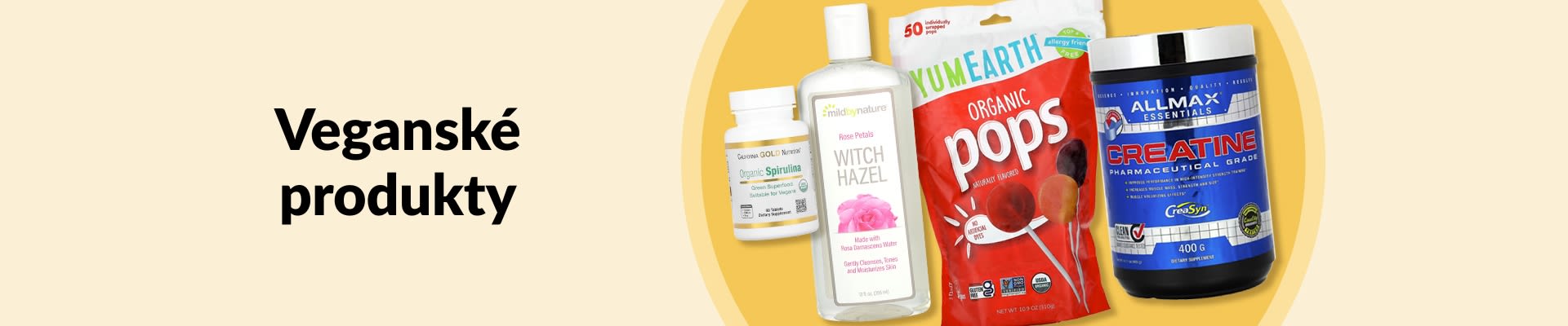 Veganské produkty, včetně bio spiruliny, tonika s vilínem, bio lízátek, kreatinu a dalších.