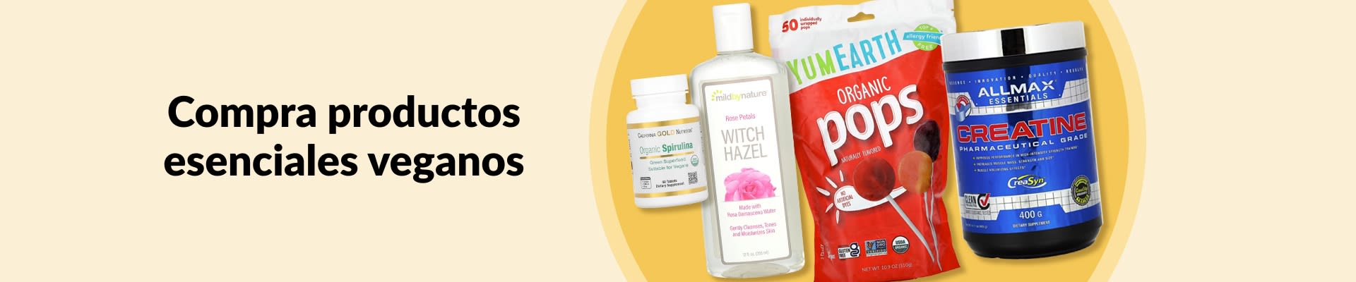 Compra esenciales veganos: espirulina orgánica, tónico de hamamelis, paletas orgánicas, suplementos de creatina y más.