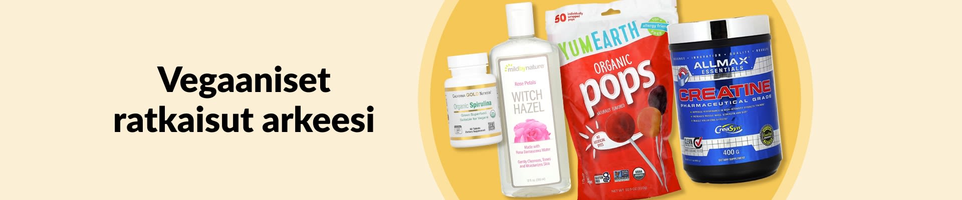 Osta vegaaniset ratkaisut arkeesi: kuvassa luomuspirulina, hamamelis-kasvovesi, luomutikkarit ja kreatiinilisä.