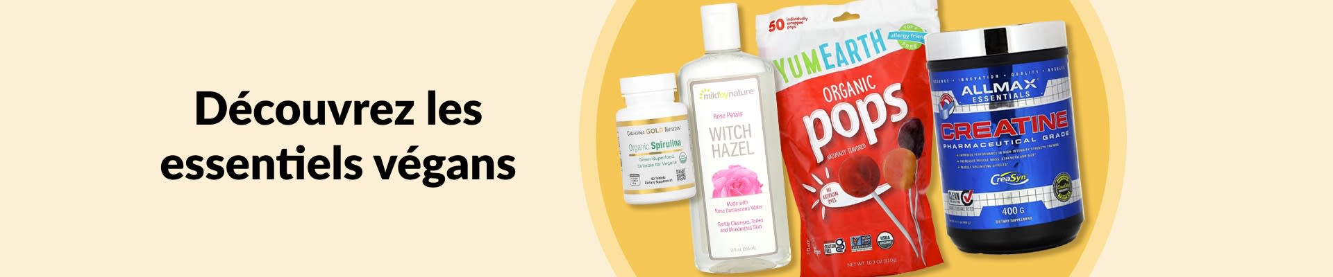 Découvrez les essentiels végans : spiruline biologique, tonique à l'hamamélis, créatine et plus encore.