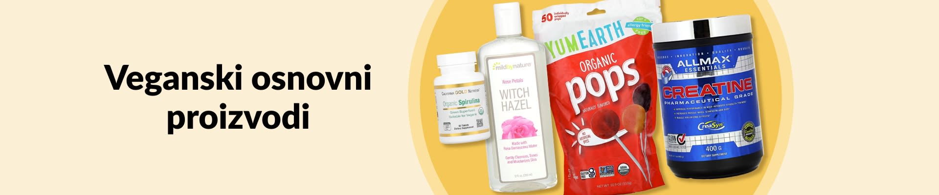 Kupujte veganske osnovne proizvode koji uključuju organsku spirulinu, tonik od hamamelisa, organske grickalice, dodatak kreatina i još mnogo toga.