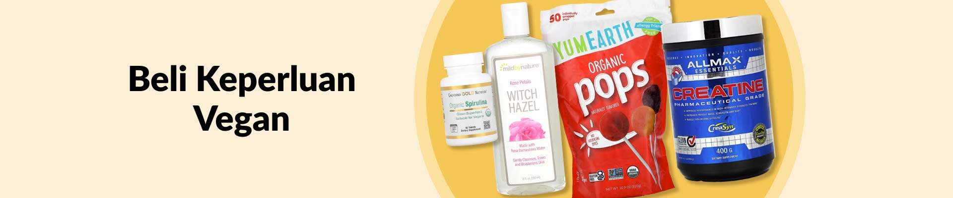 Beli Keperluan Vegan menampilkan spirulina organik, toner witch hazel, lolipop organik, suplemen creatine dan banyak lagi.
