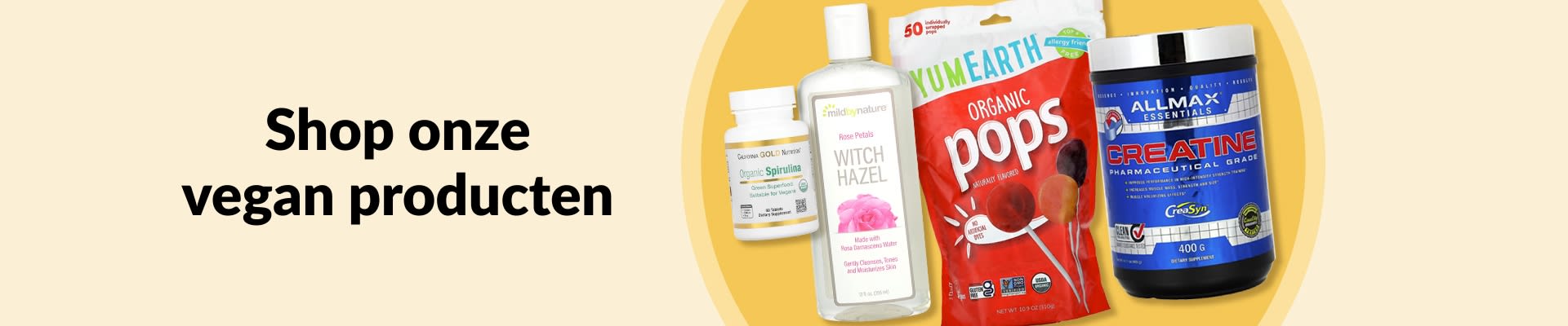 Ontdek Vegan producten met biologische spirulina, toverhazeltoner, biologische ijslolly's, creatine supplementen en meer.