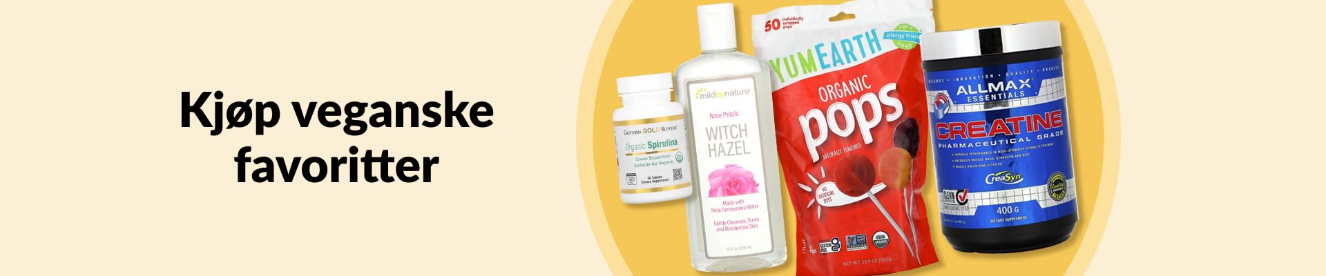 Kjøp veganske favoritter med blant annet økologisk spirulina, ansiktsvann med trollhassel, økologiske kjærligheter på pinne, kreatintilskudd og mer.