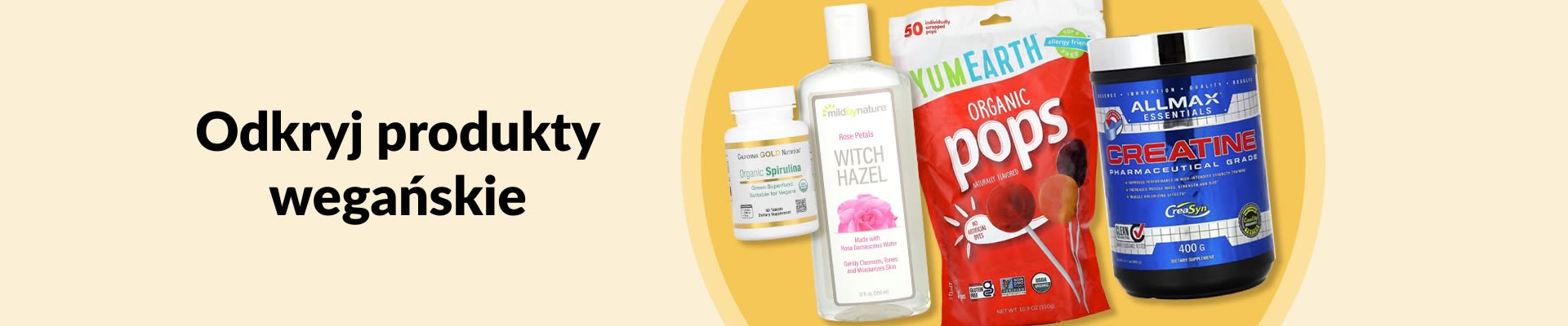 Kupuj niezbędne produkty wegańskie; w tym ekologiczną spirulinę, tonik z oczaru wirginijskiego, ekologiczne lizaki, kreatynę i wiele więcej.