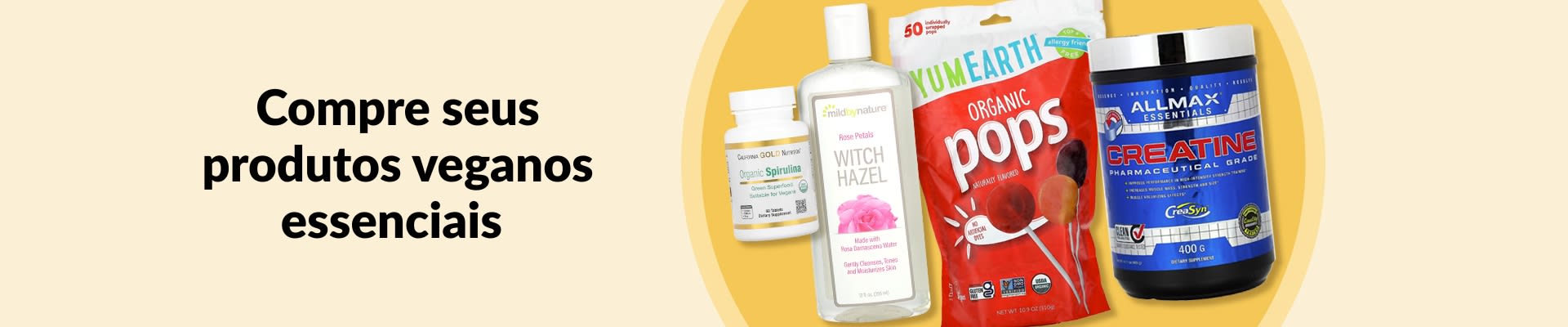 Compre produtos veganos essenciais, incluindo spirulina orgânica, tônico de hamamélis, picolés orgânicos, suplemento de creatina e mais.