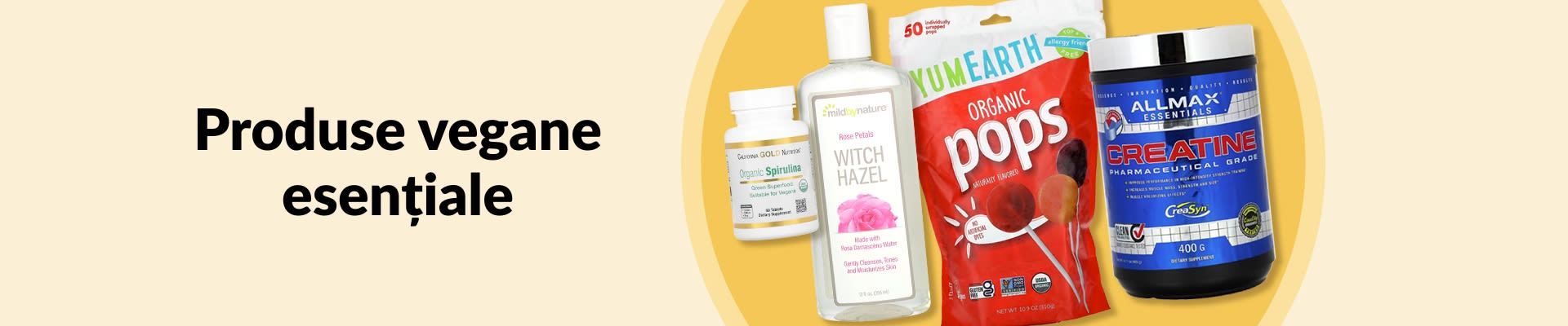Banner „Produse vegane esențiale”, cu spirulină bio, tonic cu hamamelis, acadele bio, creatină și multe altele.