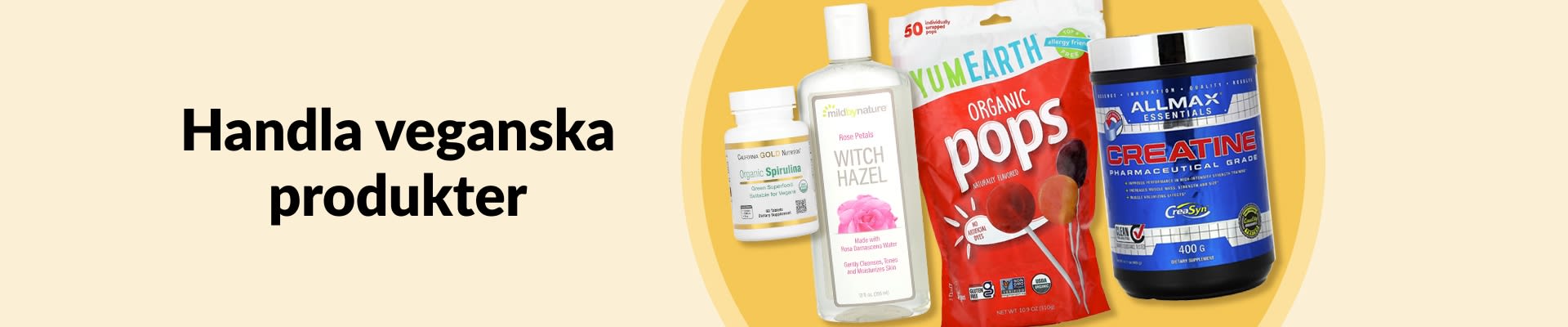 Handla veganska produkter, med ekologisk spirulina, ansiktsvatten med trollhassel, ekologiska klubbor, kreatintillskott med mera.