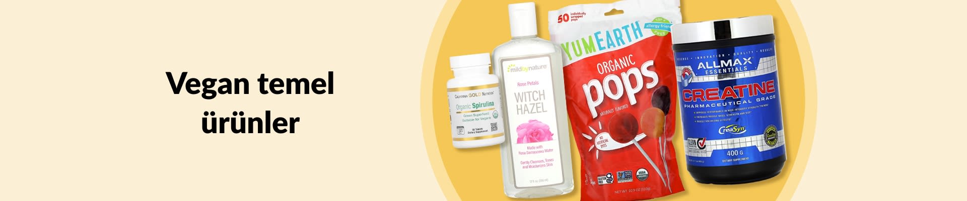 Shop Vegan Essentials featuring organic spirulina, witch hazel toner, organic pops, creatine supplement, and more.