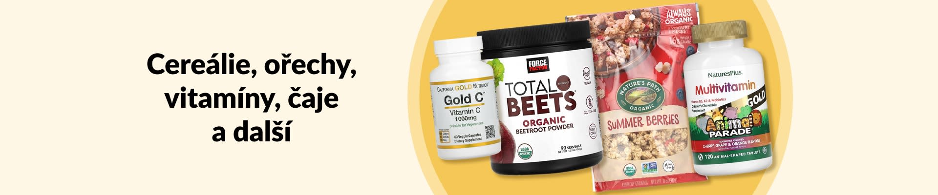Cereálie, ořechy, vitamíny, čaje a další, včetně vitamínu C, prášku z červené řepy, granoly, multivitamínů a dalších produktů.