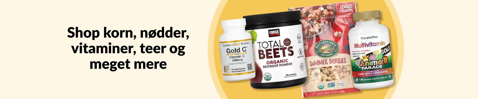 Shop korn, nødder, vitaminer, teer og meget mere, herunder C-vitamin, rødbedepulver, granola og mysli, multivitaminer og meget mere.