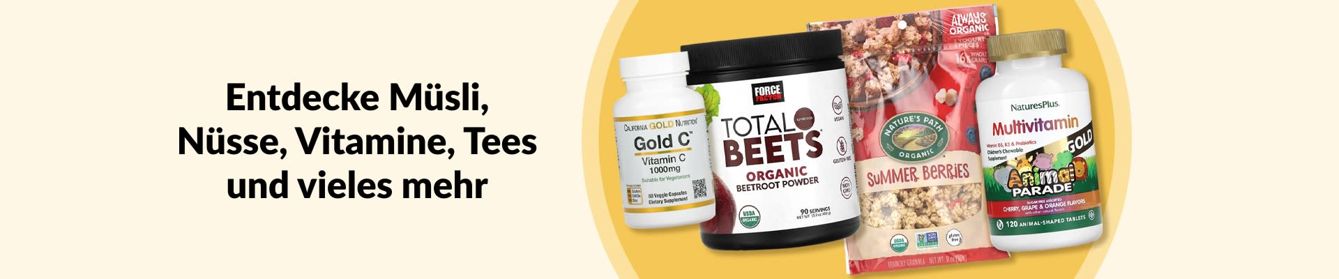 Shoppe Getreide, Nüsse, Vitamine, Tees und vieles mehr, darunter Vitamin C, Rote-Bete-Pulver, Knuspermüsli, Multivitamine.