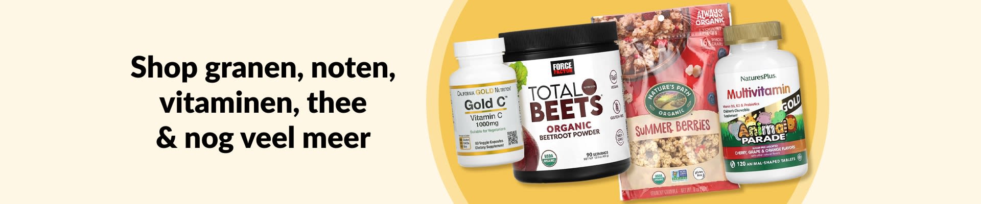 Ontdek alles voor vegetarisch eten, zoals granen, noten, vitaminen, thee, vitamine C, bietenpoeder, granola, multivitaminen en nog veel meer.