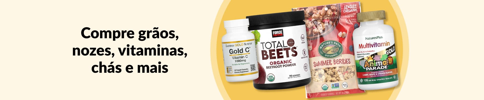 Compre grãos, nozes, vitaminas, chás e muito mais, incluindo vitamina C, pó de beterraba, granola, multivitamínicos e mais.
