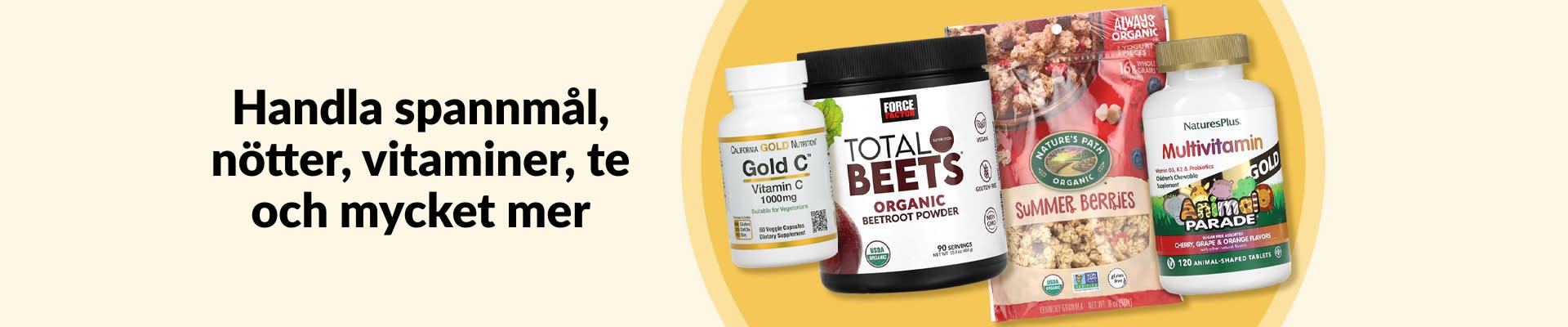 Handla spannmål, nötter, vitaminer, te och mycket mer, med C-vitamin, rödbetspulver, granola, multivitaminer med mera.