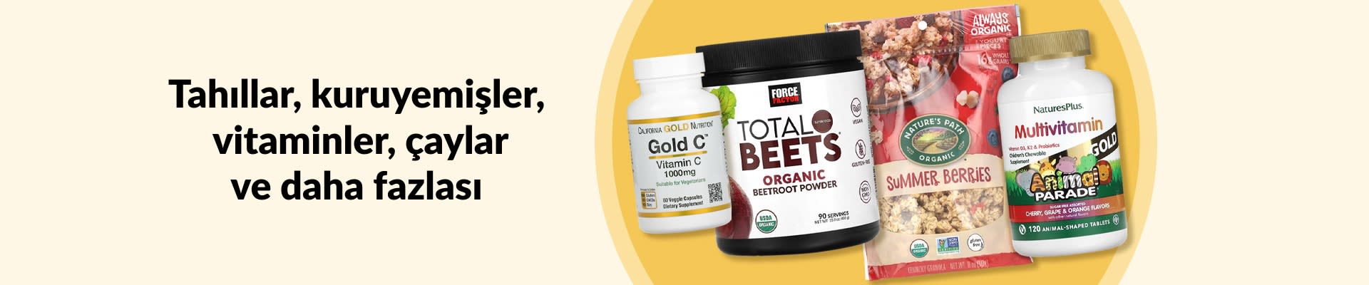 C vitamini, pancar kökü tozu, granola, multivitaminler ve daha fazlasının yer aldığı tahıllar, kuruyemişler, vitaminler, çaylar ve daha fazlasını keşfedin.