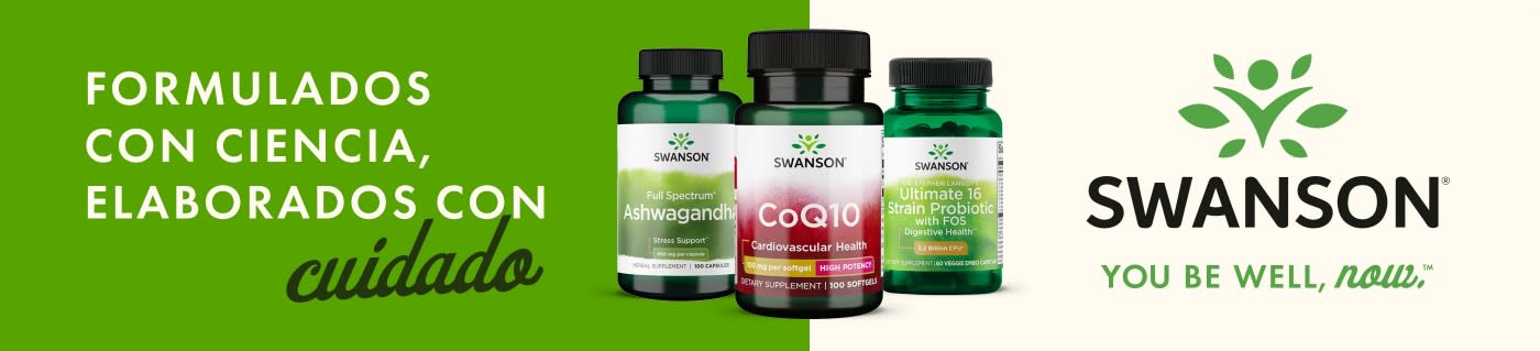 Swanson banner featuring Ashwagandha, CoQ10, and Probiotic supplements with slogan “Formulated with science, crafted with care.