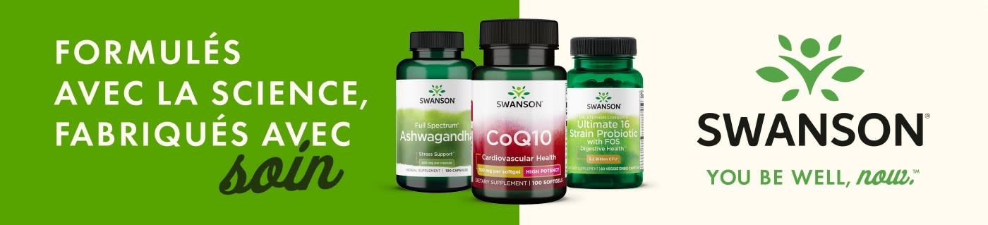 Swanson banner featuring Ashwagandha, CoQ10, and Probiotic supplements with slogan “Formulated with science, crafted with care.