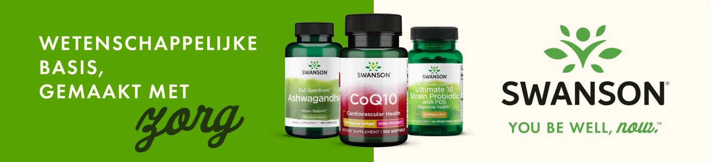 Swanson banner featuring Ashwagandha, CoQ10, and Probiotic supplements with slogan “Formulated with science, crafted with care.