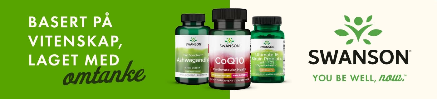 Swanson banner featuring Ashwagandha, CoQ10, and Probiotic supplements with slogan “Formulated with science, crafted with care.