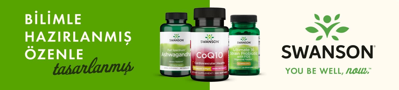 Swanson banner featuring Ashwagandha, CoQ10, and Probiotic supplements with slogan “Formulated with science, crafted with care.