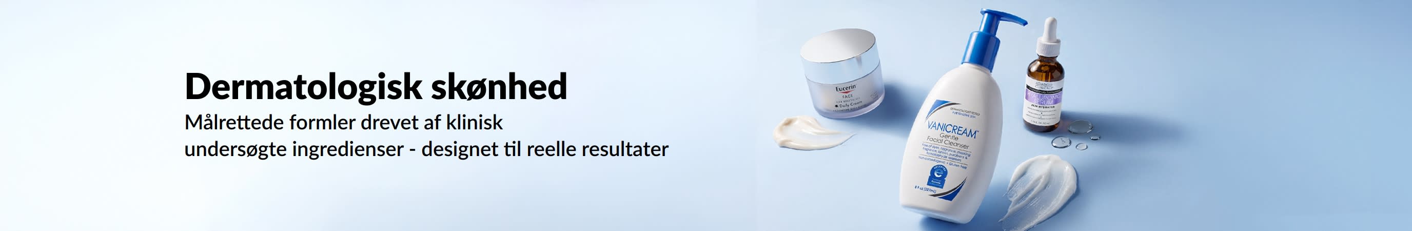 Lyseblåt banner, der viser tre dermatologiske skønhedsprodukter med teksten 
