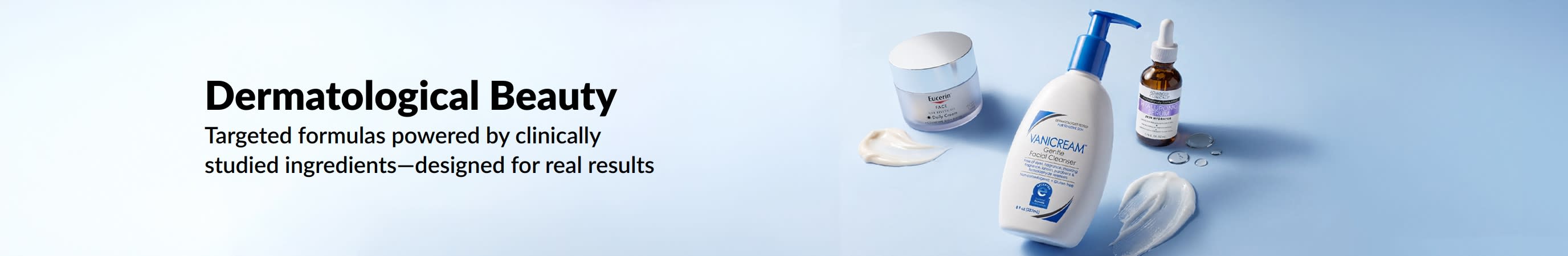 Light blue banner showing 3 dermatological beauty products with messaging that says, 