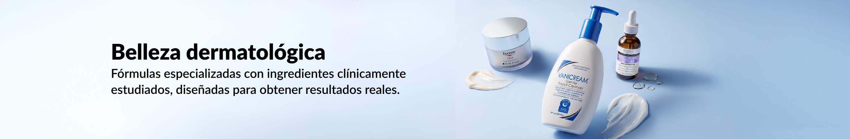Banner azul claro en el que se muestran tres productos de belleza dermatológicos, con el mensaje: “Belleza dermatológica”.