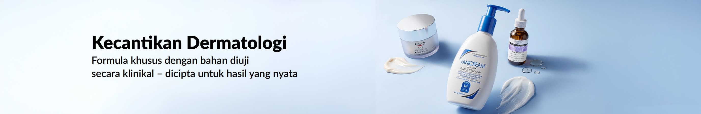 Sepanduk biru muda memaparkan 3 produk kecantikan dermatologi dengan mesej, 