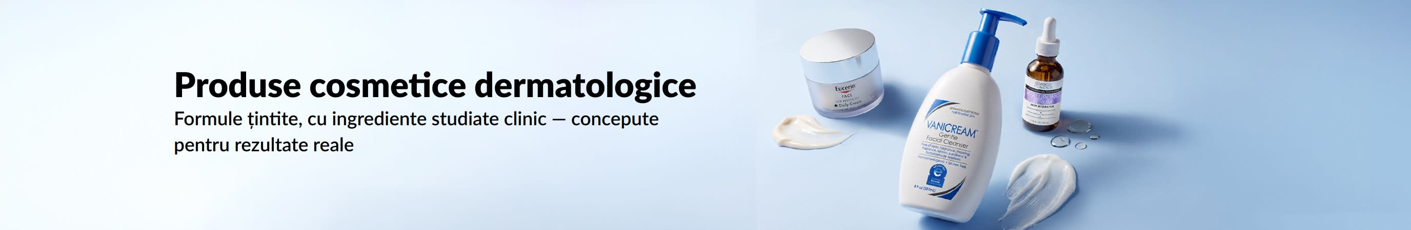 Banner bleu cu 3 cosmetice dermatologice și mesajul „Produse cosmetice dermatologice. Comandați acum.”