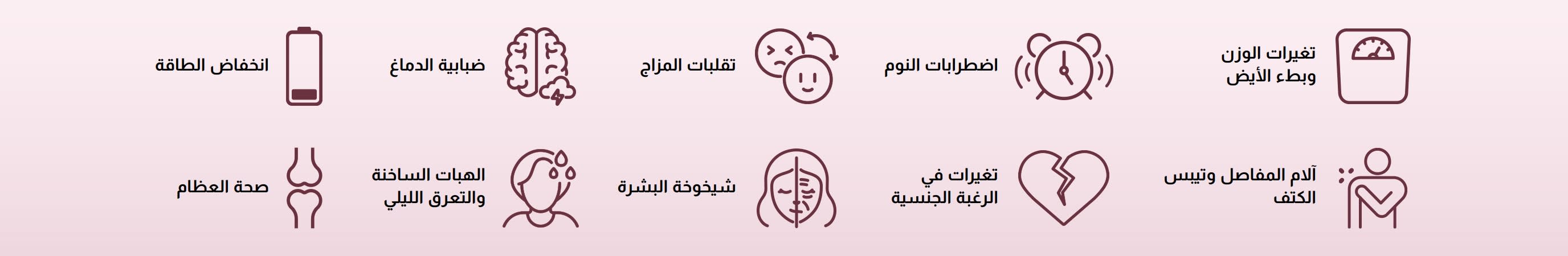 أيقونات توضح أعراض انقطاع الطمث: زيادة الوزن، اضطرابات النوم، تقلبات المزاج، ضبابية التفكير، انخفاض الطاقة، آلام المفاصل، تغيرات الرغبة الجنسية، الشيخوخة، الهبات الساخنة، صحة العظام.