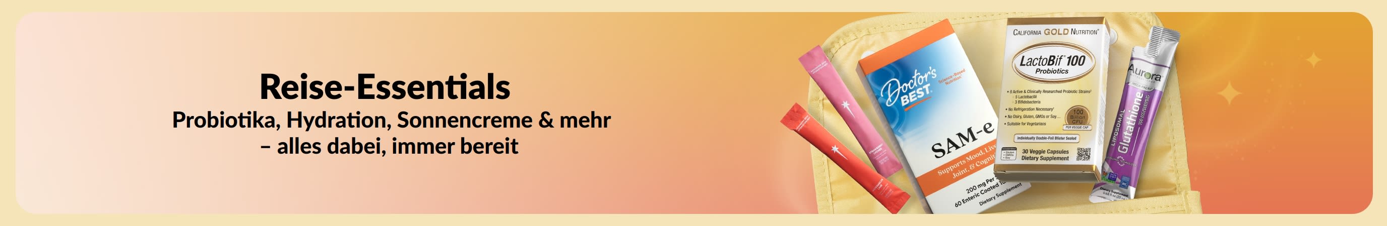 Buntes Banner mit der Aufschrift „Reise-Essentials“ links und verschiedenen Reiseartikeln, die aus einer Kulturtasche herausragen, rechts.