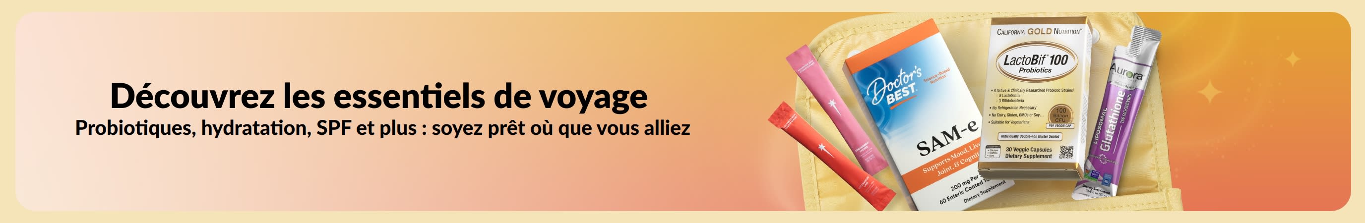 Bannière multicolore avec le message « Essentiels de voyage » et divers produits de voyage sortant d’une trousse de toilette.