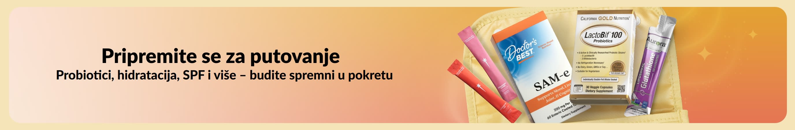 Višebojni reklamni natpis s porukom „Pripremite se za putovanje” na jednoj strani te raznim putnim proizvodima u kozmetičkoj torbici na drugoj strani.