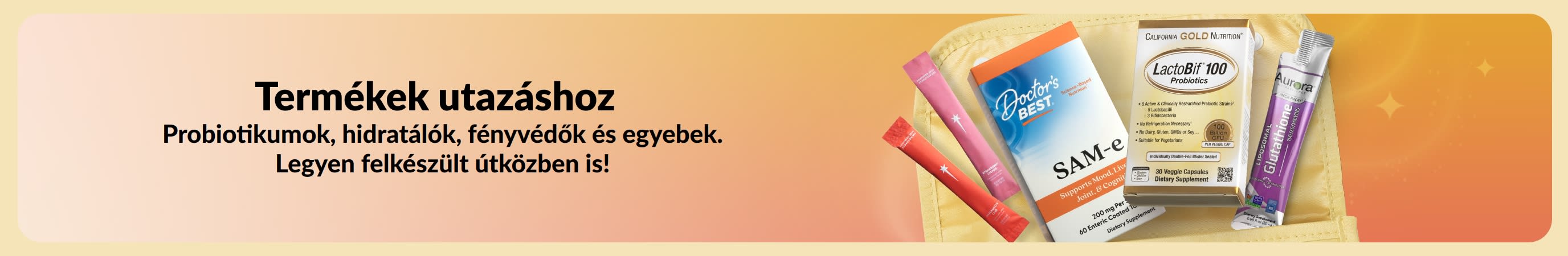 Sokszínű banner, amelynek egyik oldalán a „Termékek utazáshoz” felirat látható, a másik oldalán pedig egy neszesszerből kilógó, különféle utazási termékek láthatók.
