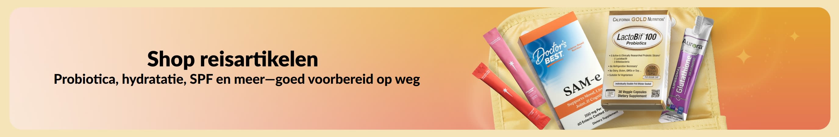 Een veelkleurige banner met aan de ene kant de boodschap 'Koop reisartikelen' en aan de andere kant diverse reisproducten die uit een toilettas komen.