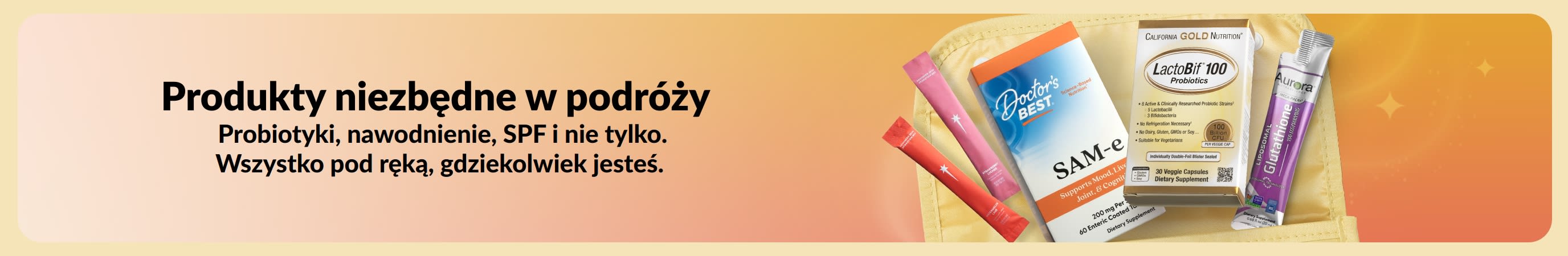 Wielokolorowy baner z napisem „Produkty niezbędne w podróży” po jednej stronie oraz różnymi produktami turystycznymi wysuwającymi się z kosmetyczki po drugiej stronie.