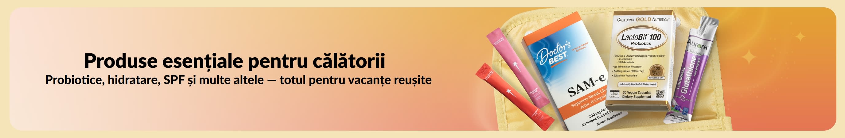 Banner multicolor cu mesajul „Produse esențiale pentru călătorii” și articole într-o geantă de toaletă.