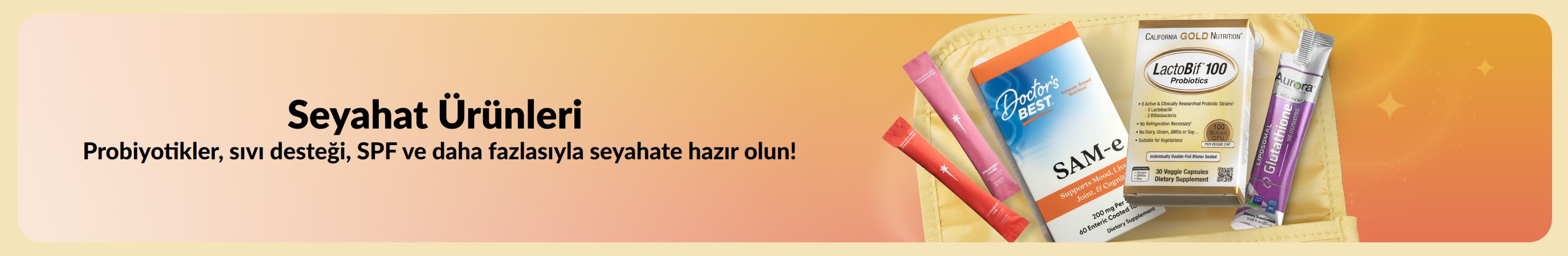 Bir tarafında “Seyahat Ürünleri” mesajı, diğer tarafında ise bir bakım çantasından çıkan çeşitli seyahat ürünleri bulunan çok renkli banner.