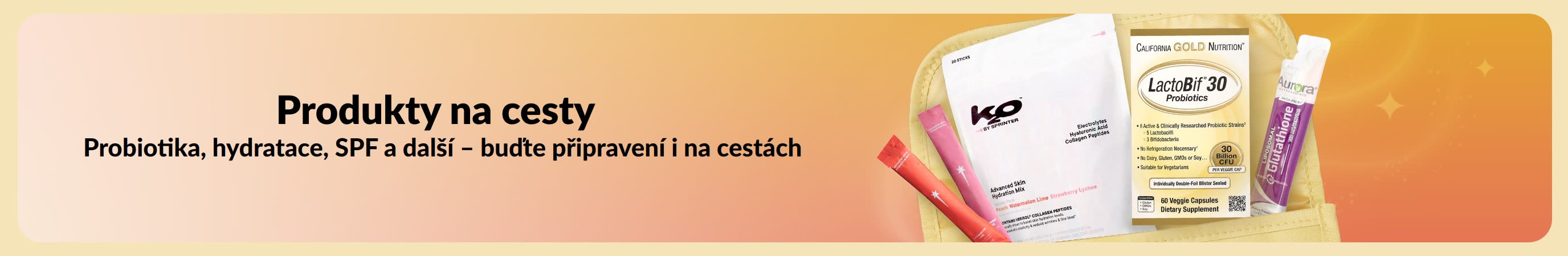 Vícebarevný banner se zprávou Produkty na cesty na boku s různými cestovními produkty v toaletní tašce na druhé straně.
